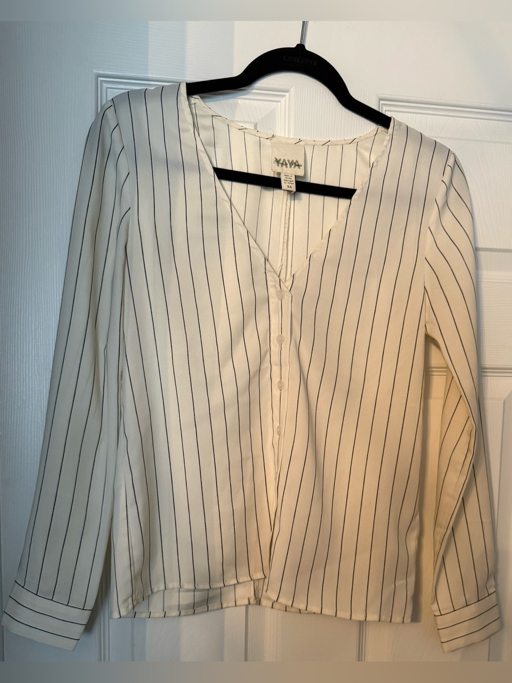 Maya White Blouse with Black Pinstripes V-Neck Button Front